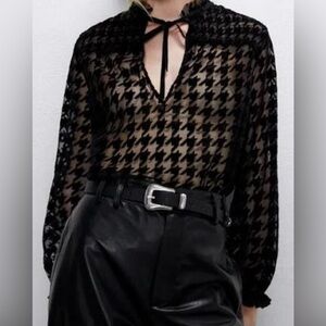Zara Black and Mesh Long Sleeve Graphic Blouse